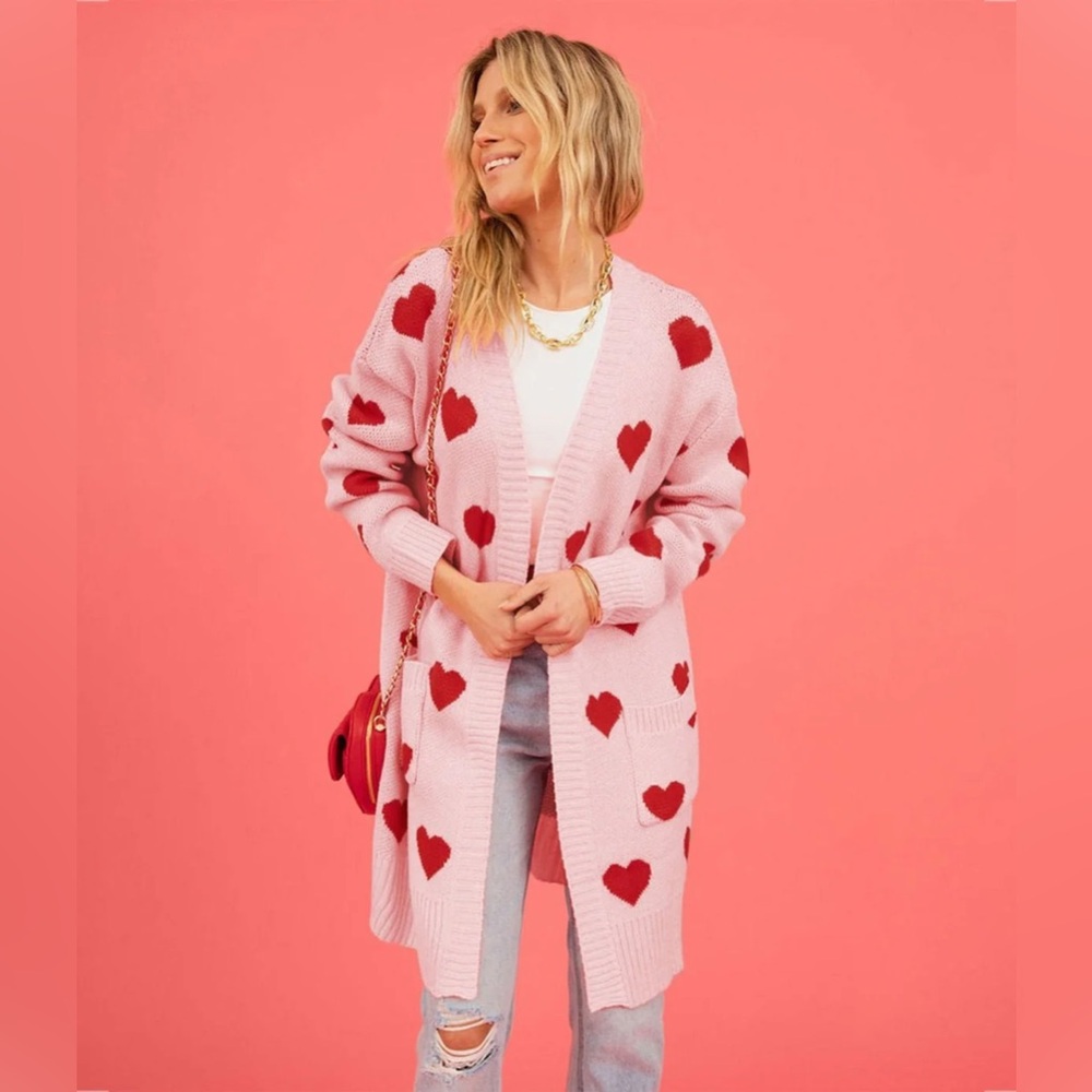 Pink Heart Patterned Women's Sweater XL